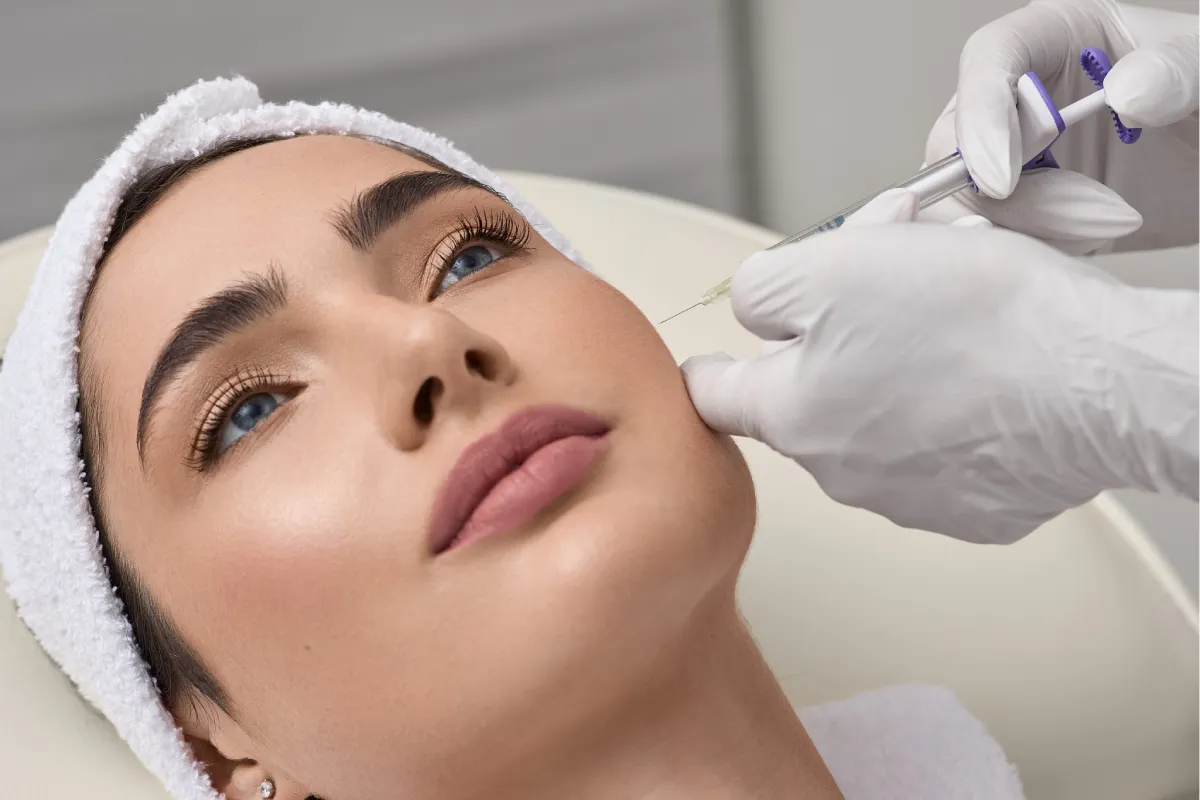 A female patient undergoing a non-surgical volume restoration dermal filler procedure at Skincredible