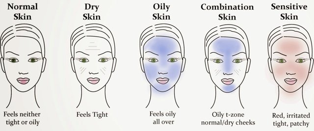 Graphic of 5 faces, each presenting a different skin type: normal, dry, oily, combination, and sensitive.